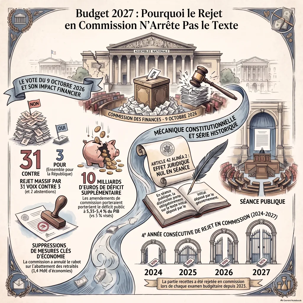 Infographie : vote de la commission des finances du 9 octobre 2026 (31 contre, 3 pour), règle de l'article 42 alinéa 2 qui renvoie la séance au texte du gouvernement, coût des amendements (environ 10 milliards d'euros) et série des rejets en commission de 2024 à 2027.