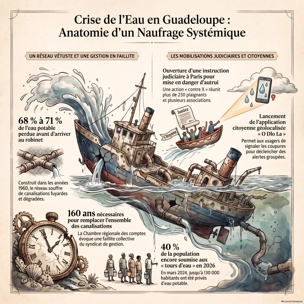 Infographie : anatomie du naufrage systémique de l'eau en Guadeloupe — réseau vétuste, mobilisations judiciaires et citoyennes