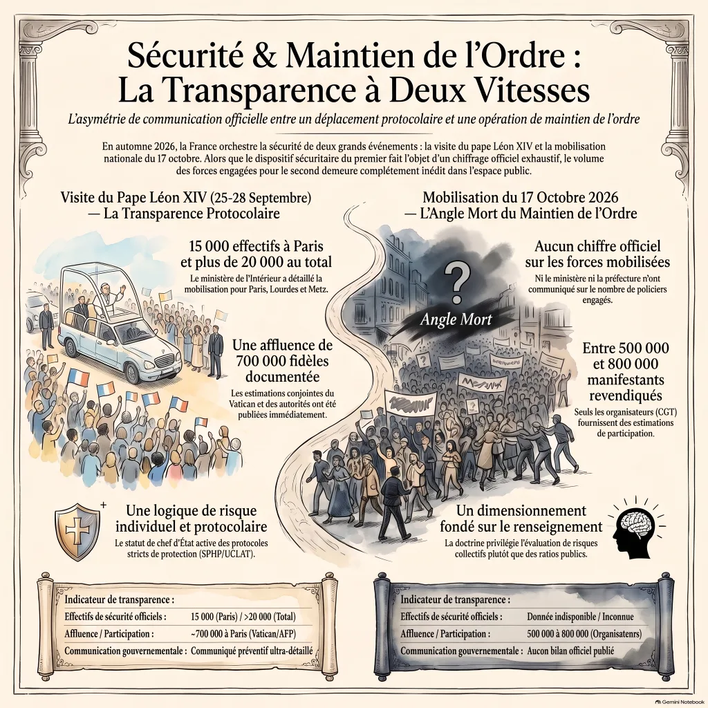 Infographie comparant la transparence des dispositifs de sécurité : visite du pape Léon XIV (15 000 effectifs à Paris, plus de 20 000 au total, 700 000 fidèles) contre mobilisation du 17 octobre 2026 (aucun chiffre officiel d'effectifs, 500 000 à 800 000 manifestants selon les organisateurs).