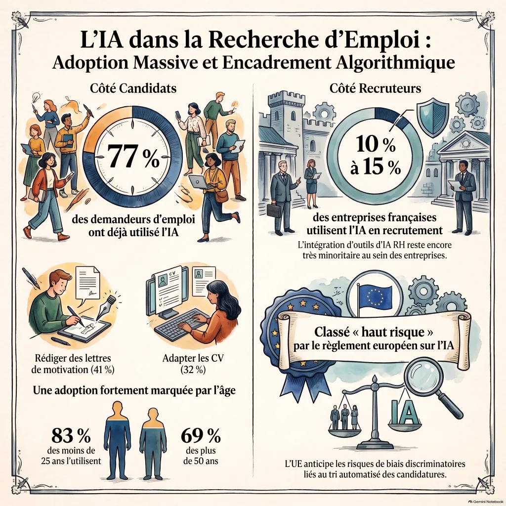 Infographie : adoption de l'IA dans la recherche d'emploi en France, côté candidats et côté recruteurs