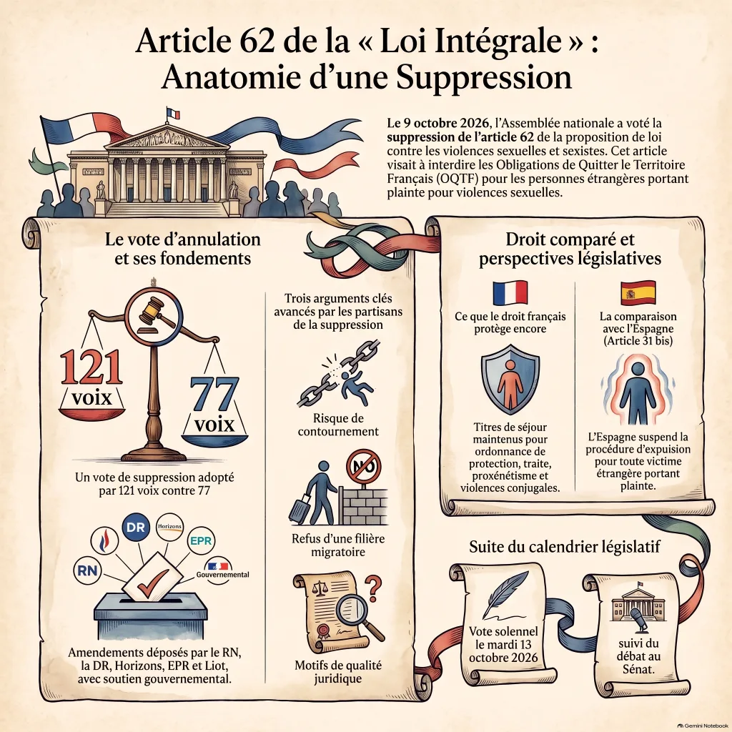 Infographie : suppression de l'article 62 de la loi intégrale le 9 octobre 2026 par 121 voix contre 77, groupes auteurs, arguments, protections existantes et comparaison avec l'Espagne