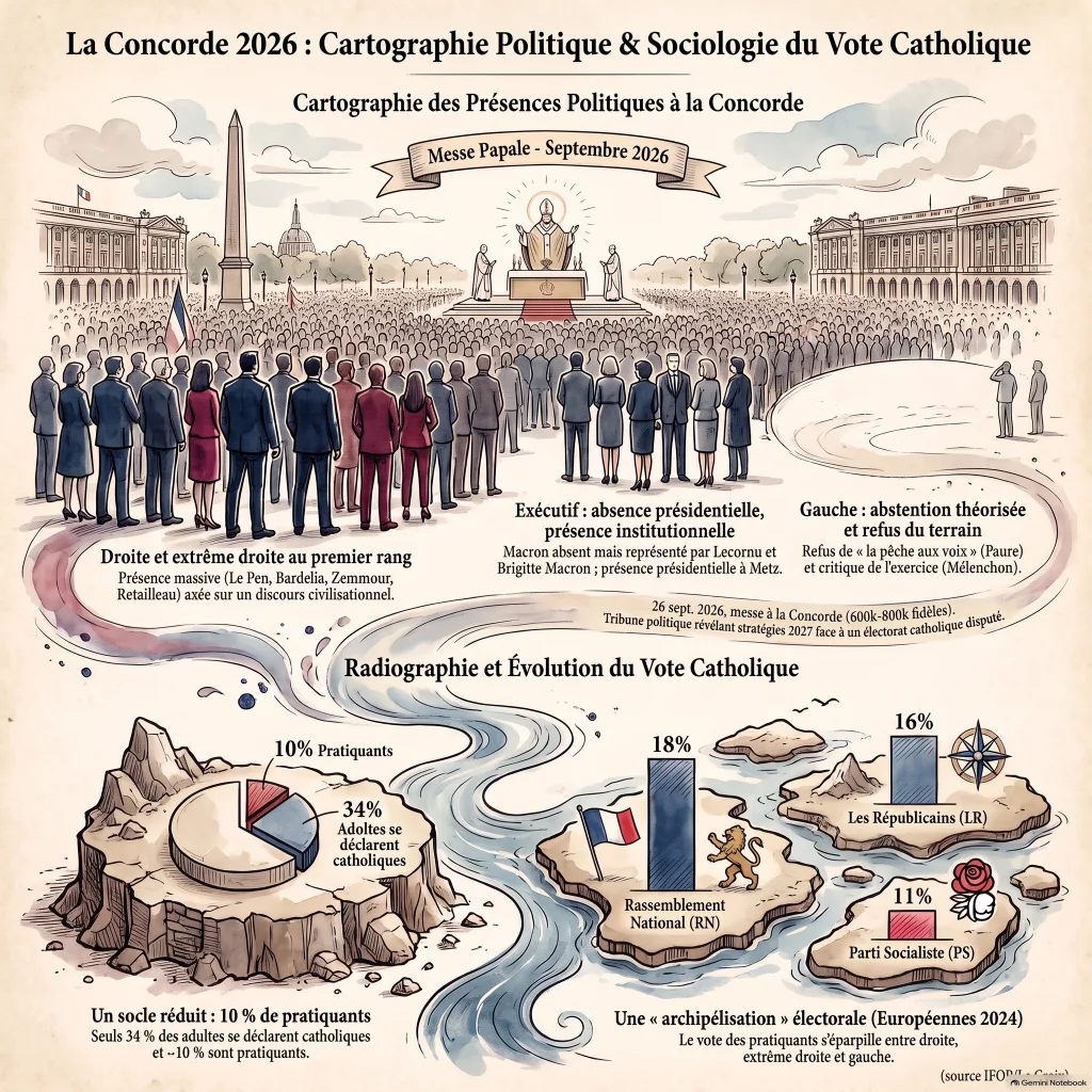 Infographie : cartographie des présences politiques à la messe de la Concorde du 26 septembre 2026 (droite et extrême droite au premier rang, absence présidentielle, abstention de la gauche) et sociologie du vote catholique (10 % de pratiquants, 34 % de catholiques, archipélisation RN 18 %, LR 16 %, PS 11 %).