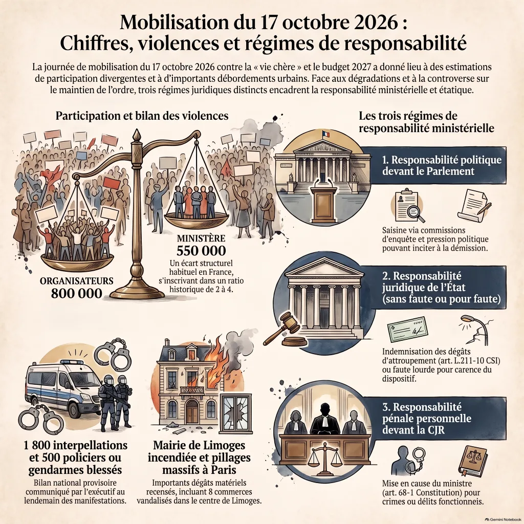 Infographie : participation contestée (550 000 selon le ministère, 800 000 selon les organisateurs), bilan des violences (1 800 interpellations, mairie de Limoges incendiée) et les trois régimes de responsabilité ministérielle — politique, juridique de l'État, pénal devant la Cour de Justice de la République.