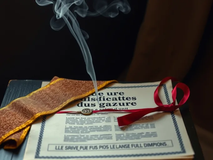Étole liturgique dorée posée sur un document officiel français scellé d'un ruban rouge, fumée d'encens entre les deux — symbole de la loi déjà promulguée que le pape commente après coup.