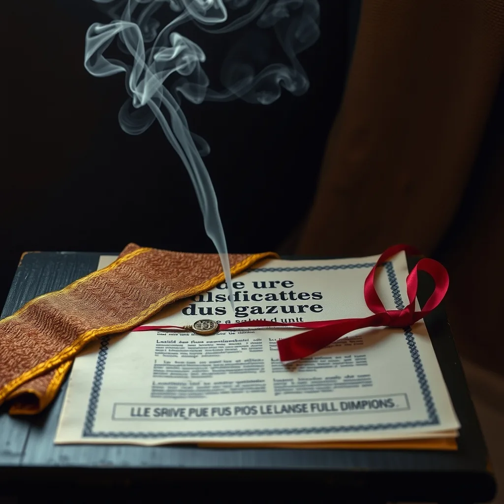 Étole liturgique dorée posée sur un document officiel français scellé d'un ruban rouge, fumée d'encens entre les deux — symbole de la loi déjà promulguée que le pape commente après coup.