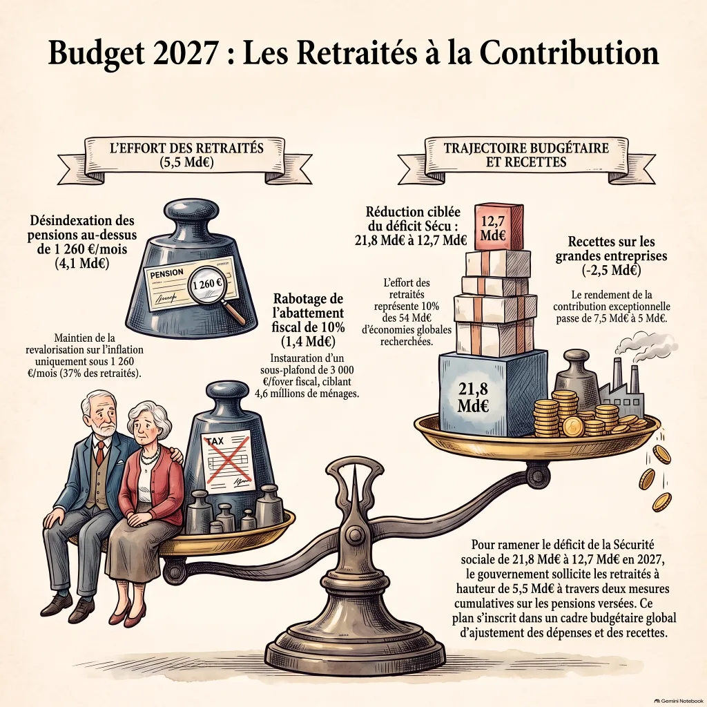 Infographie : le budget 2027 des retraites — 5,5 milliards d'euros demandés (4,1 Md€ désindexation + 1,4 Md€ abattement fiscal raboté) face à 2,5 milliards d'euros de rendement en moins sur la contribution exceptionnelle des grandes entreprises, avec les repères DREES/COR sur le niveau de vie des retraités.