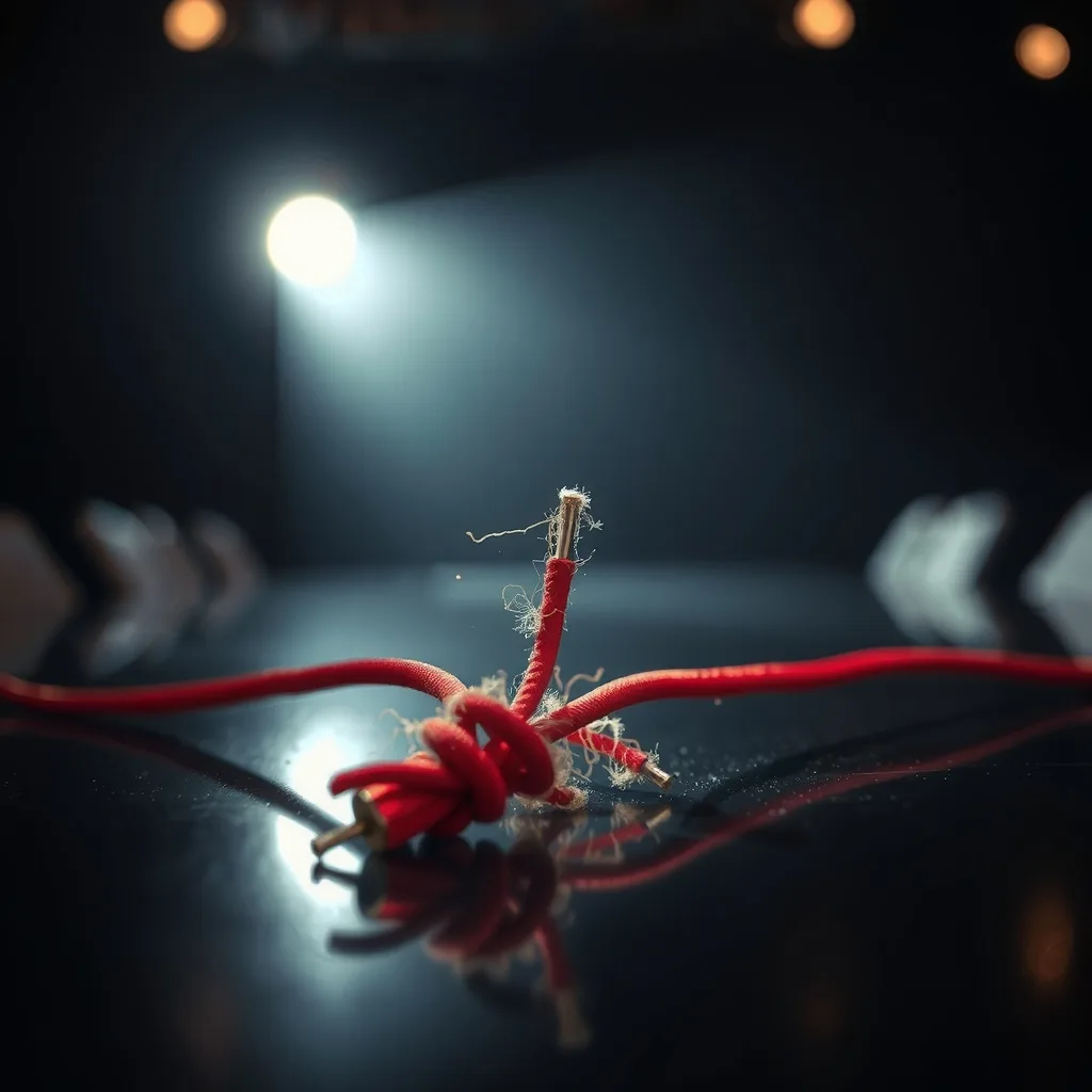 Macro d'un cordon rouge posé sur une table de plateau de débat, qui s'effiloche et se scinde en deux brins divergents sous un projecteur, fond en bokeh — le fil de la gauche qui se défait sur la question de l'alliance.