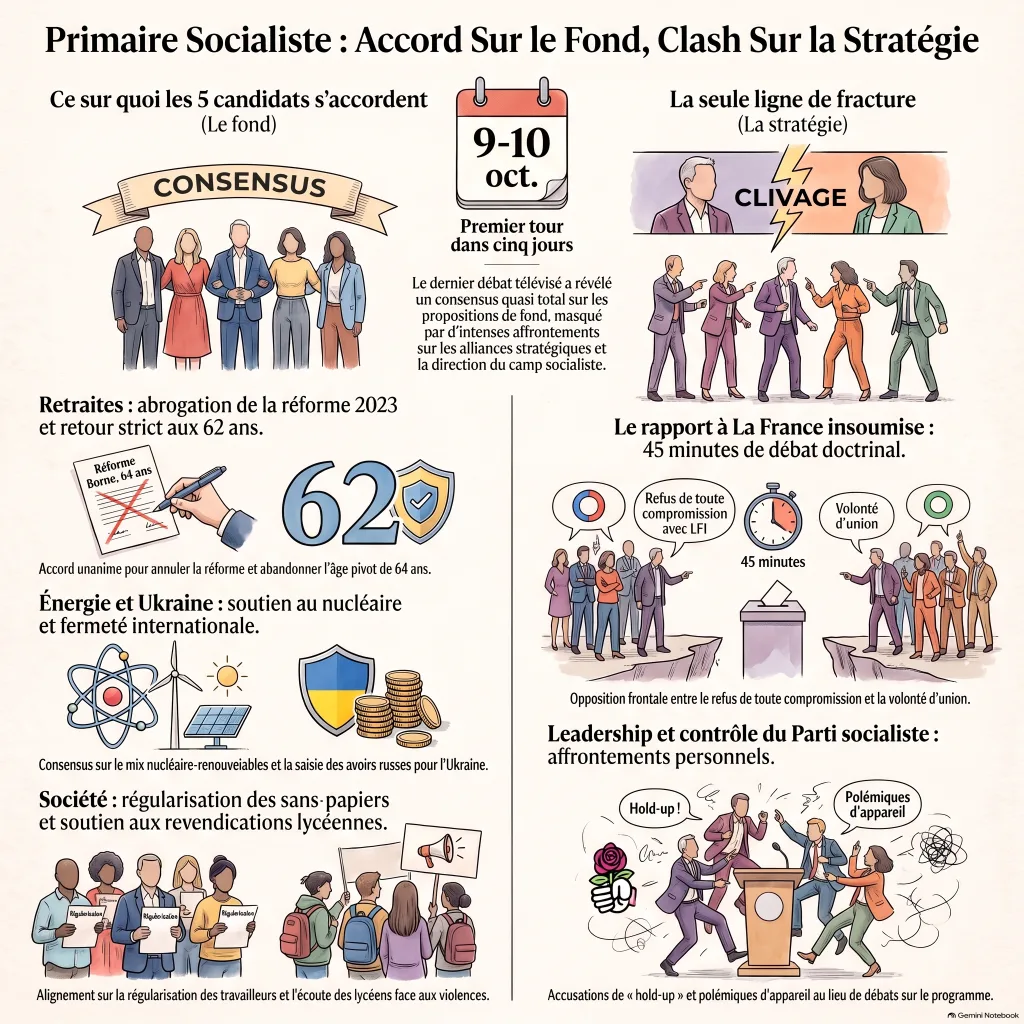 Infographie : le dernier débat de la primaire socialiste — accord de fond (retraites 62 ans, nucléaire, Ukraine, régularisation, soutien lycéen) face à la seule ligne de fracture, le rapport à La France insoumise et le leadership du PS.