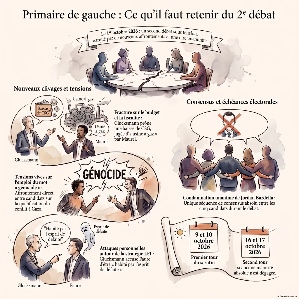 Infographie : le second débat de la primaire de gauche — cinq nouveaux clivages (lycées, budget/CSG, Gaza/mot génocide, LFI) et un seul consensus, la condamnation de Bardella.