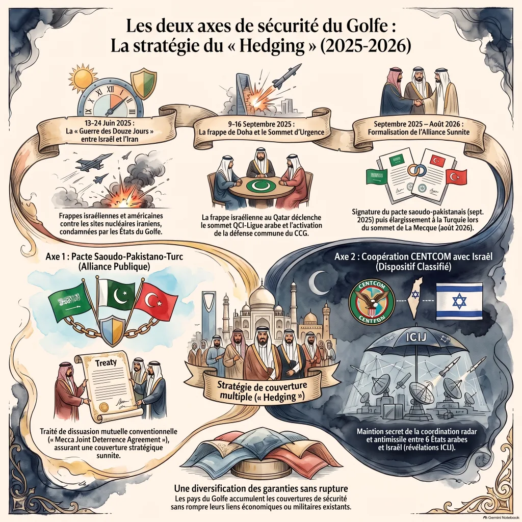 Infographie : les deux axes de sécurité du Golfe, pacte saoudo-pakistano-turc et coopération CENTCOM avec Israël