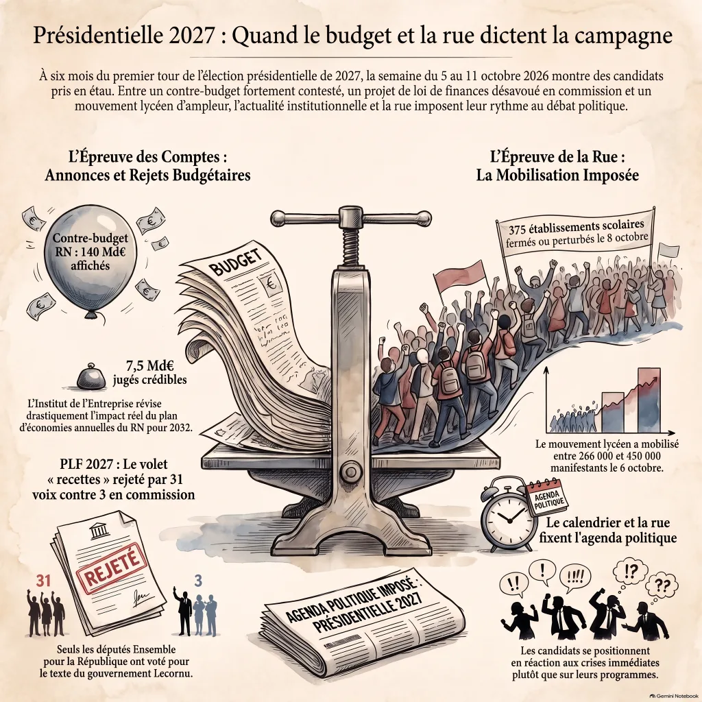 Infographie : les trois terrains de la semaine des candidats à la présidentielle — contre-budget RN de 140 milliards, budget 2027 rejeté en commission, mouvement lycéen — et les réactions des candidats.